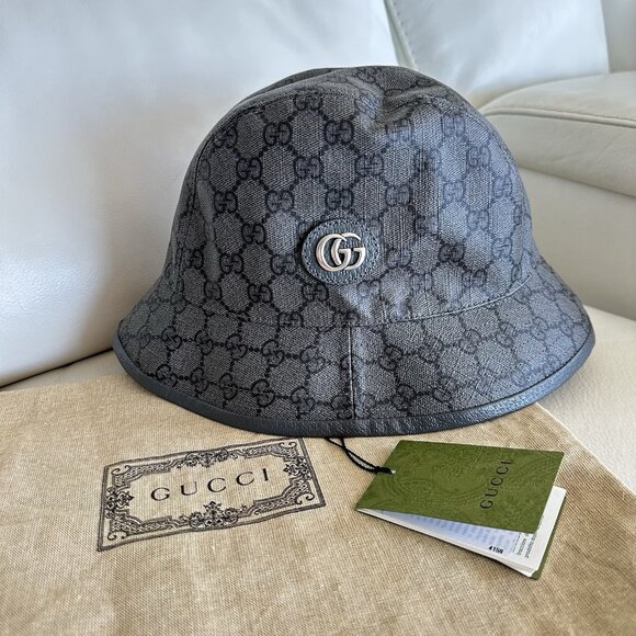 NWT Gucci GG Supreme Hat Bucket Fedora Grey Black Graphite Monogram Sz S - Picture 3 of 11